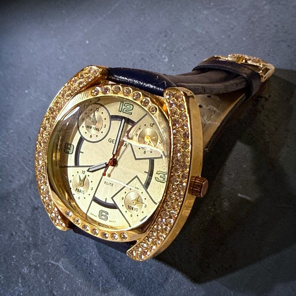Geneva Fashion Watch Unisex Gold Tone Rhinestones Multi-Dial Quartz 45mm WORKS
